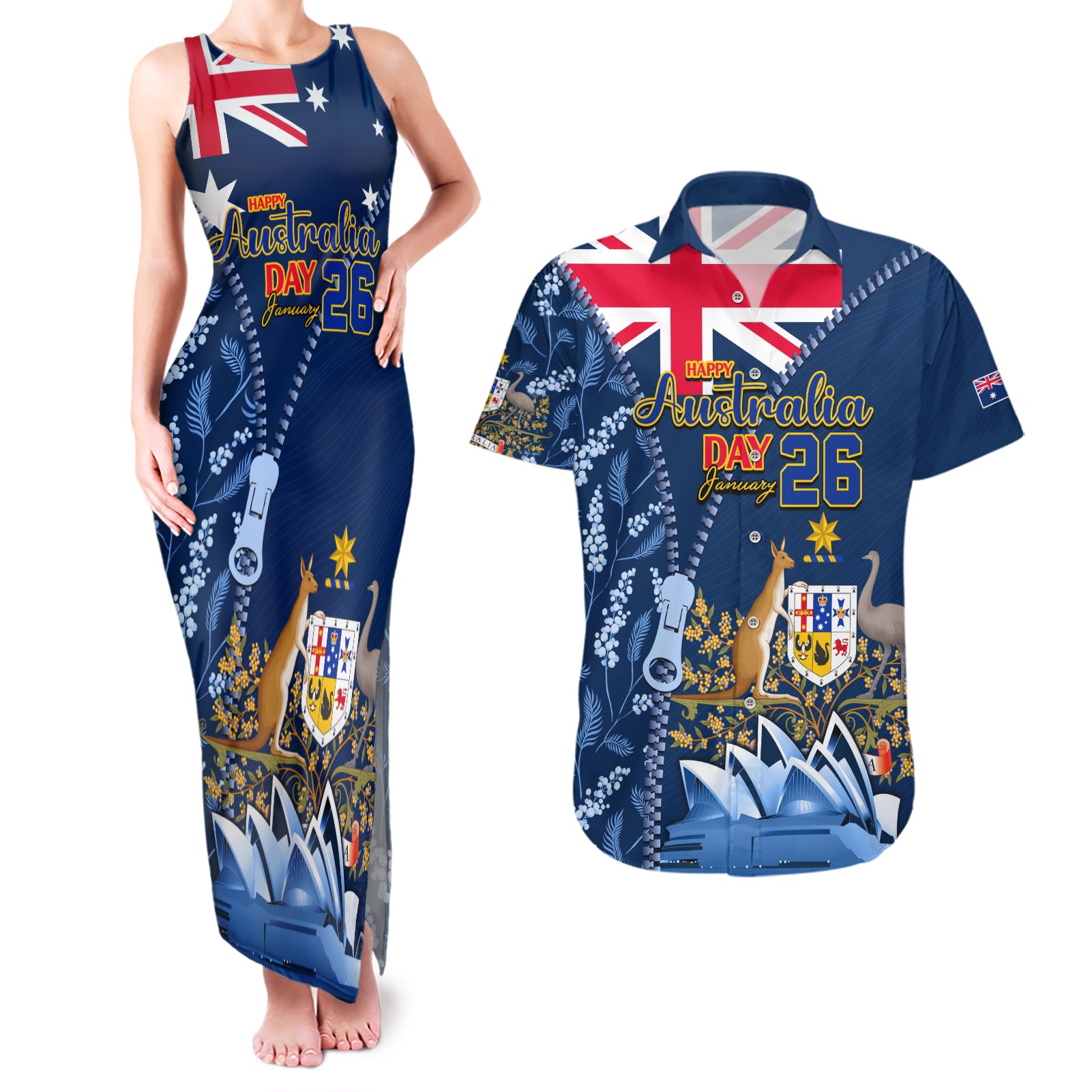 Personalised Happy Australia Day 26 January Couples Matching Tank Maxi Dress and Hawaiian Shirt LT9