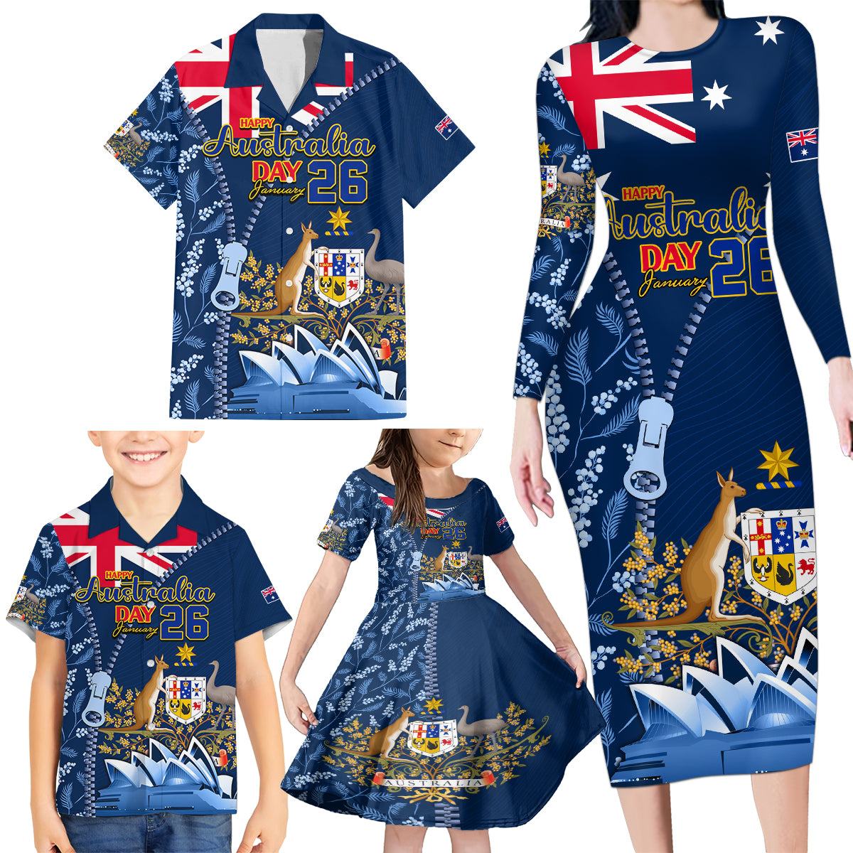 Personalised Happy Australia Day 26 January Family Matching Long Sleeve Bodycon Dress and Hawaiian Shirt LT9