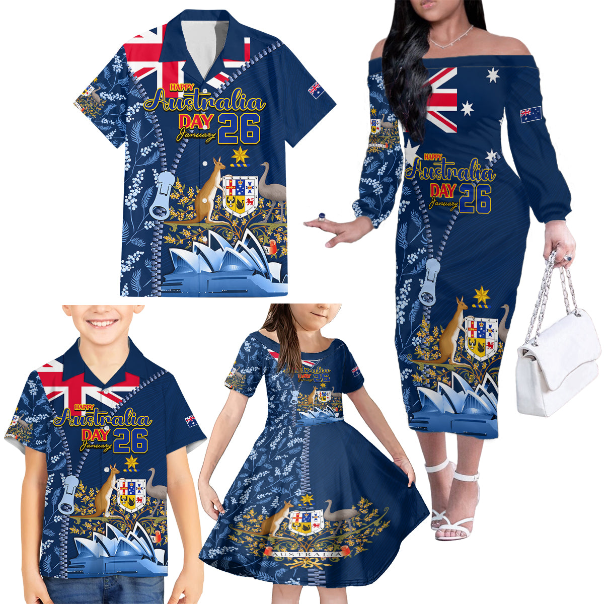 Personalised Happy Australia Day 26 January Family Matching Off Shoulder Long Sleeve Dress and Hawaiian Shirt LT9