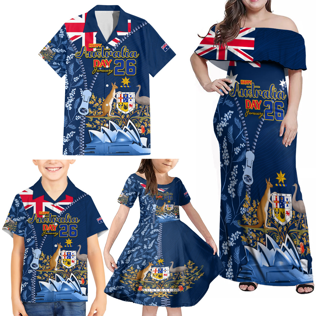 Personalised Happy Australia Day 26 January Family Matching Off Shoulder Maxi Dress and Hawaiian Shirt LT9