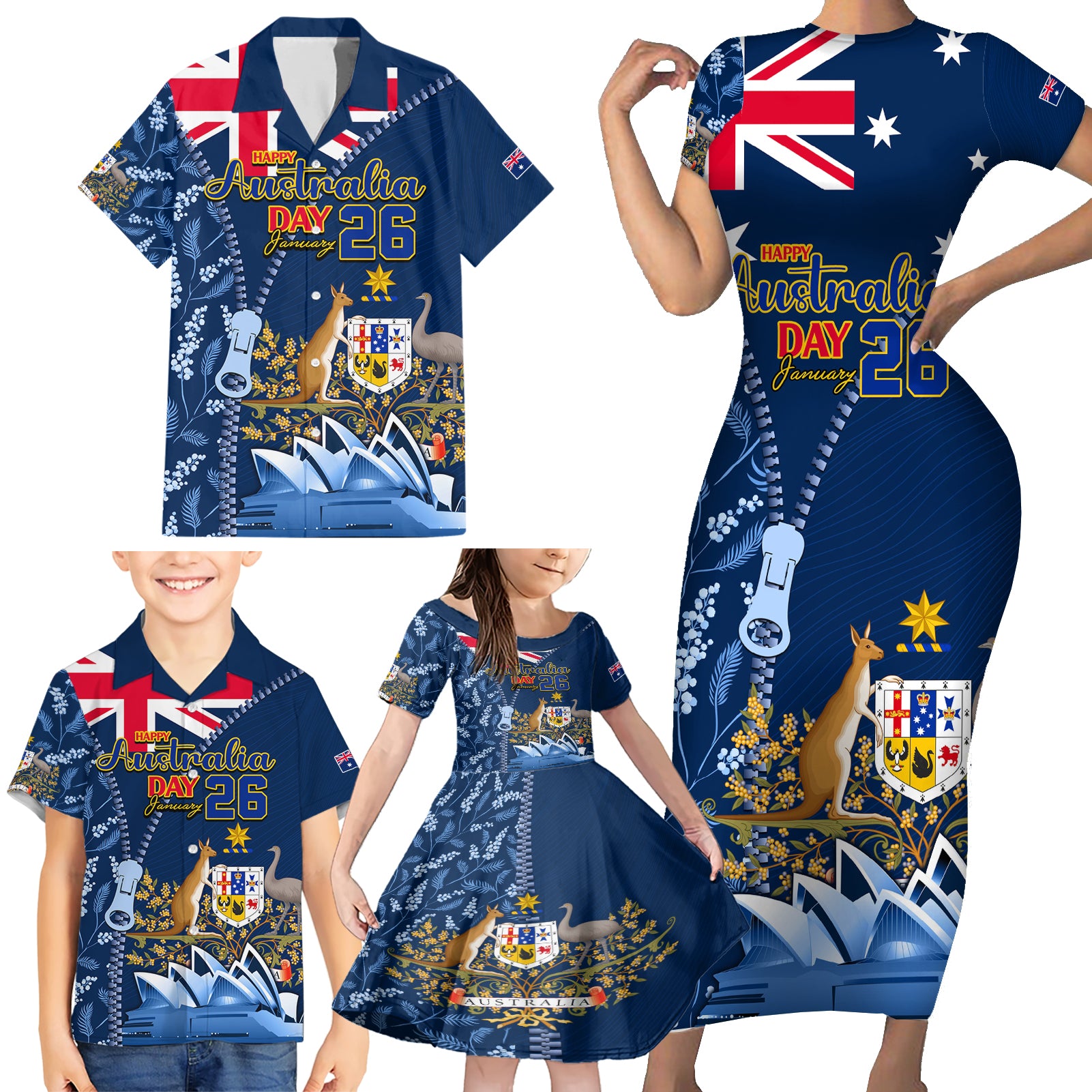 Personalised Happy Australia Day 26 January Family Matching Short Sleeve Bodycon Dress and Hawaiian Shirt LT9