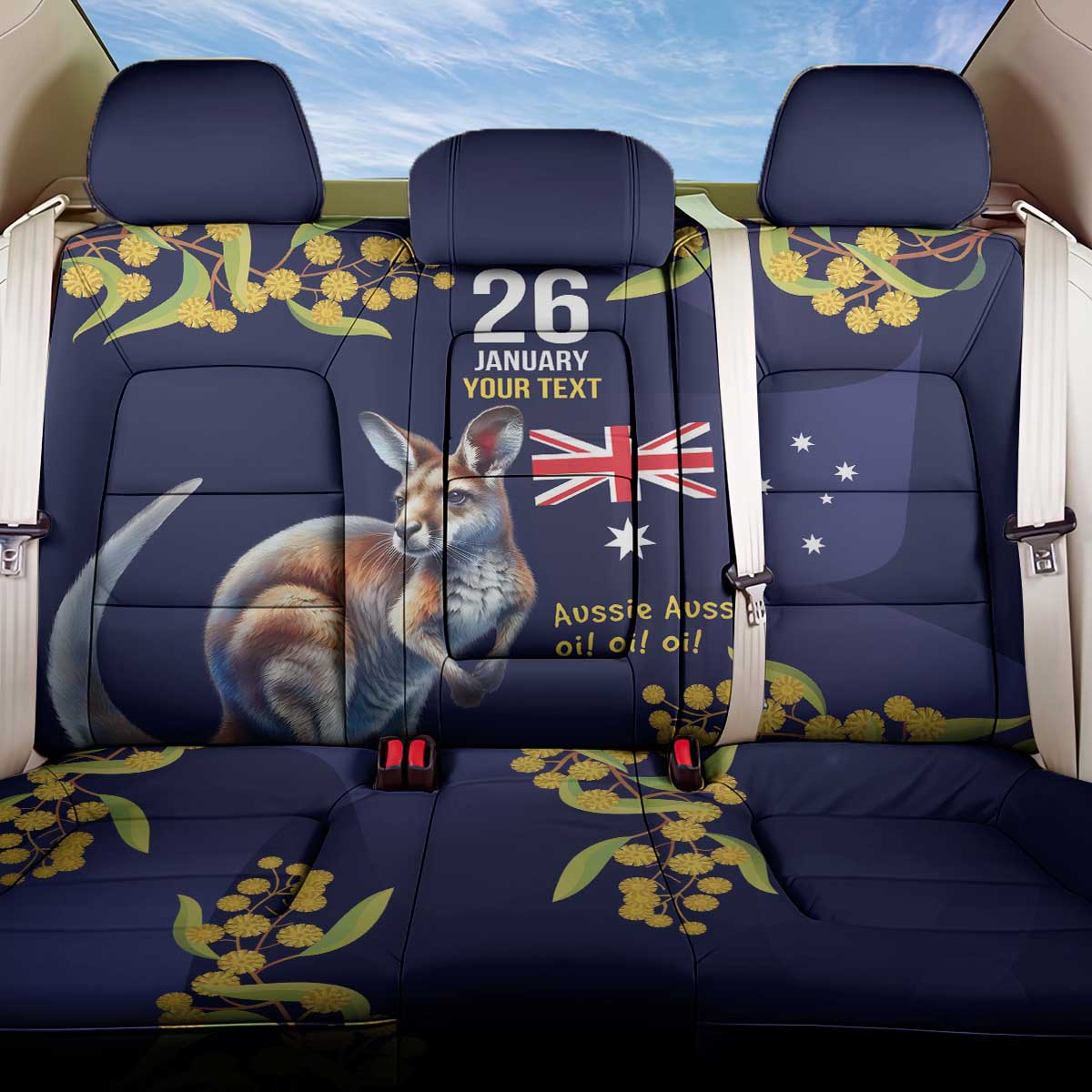 Blue Kangaroo and Golden Wattle Personalised Back Car Seat Cover Happy Australia Day 6 January