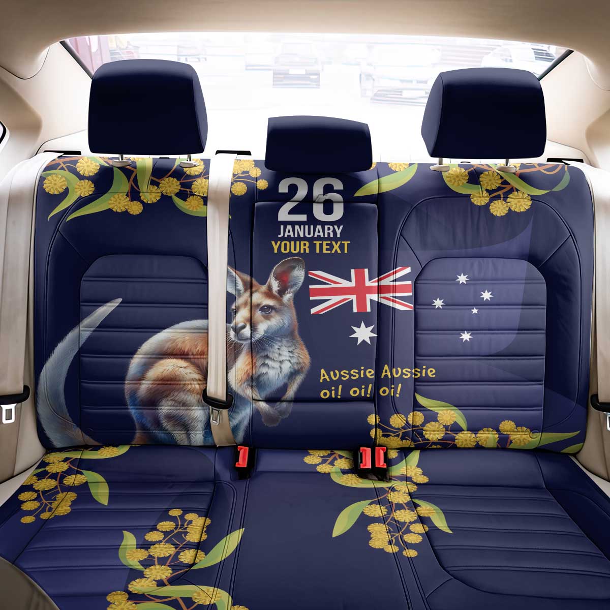 Blue Kangaroo and Golden Wattle Personalised Back Car Seat Cover Happy Australia Day 6 January