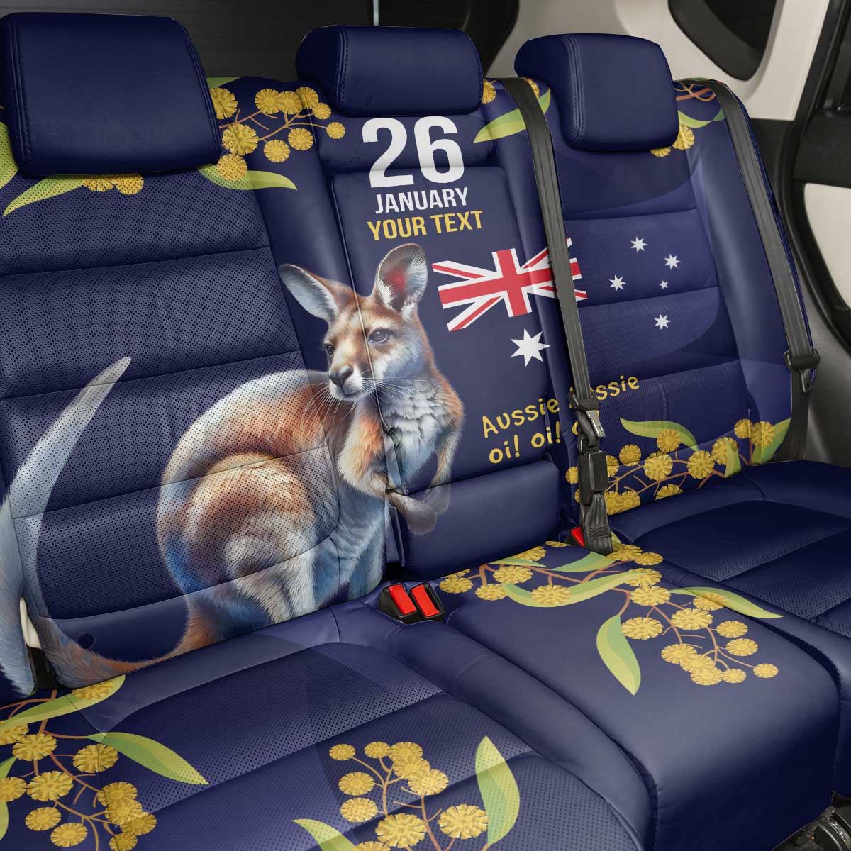 Blue Kangaroo and Golden Wattle Personalised Back Car Seat Cover Happy Australia Day 6 January