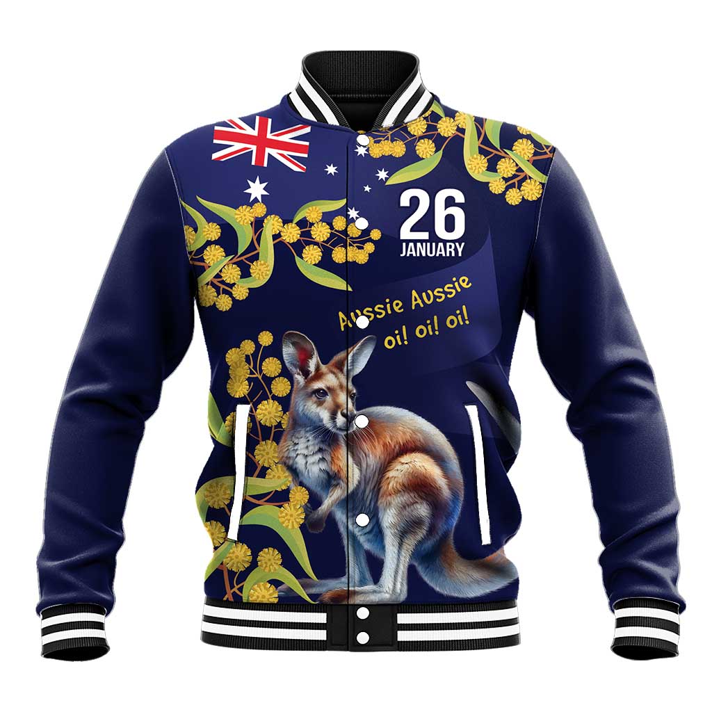 Blue Kangaroo and Golden Wattle Personalised Baseball Jacket Happy Australia Day 6 January - Vibe Hoodie Shop