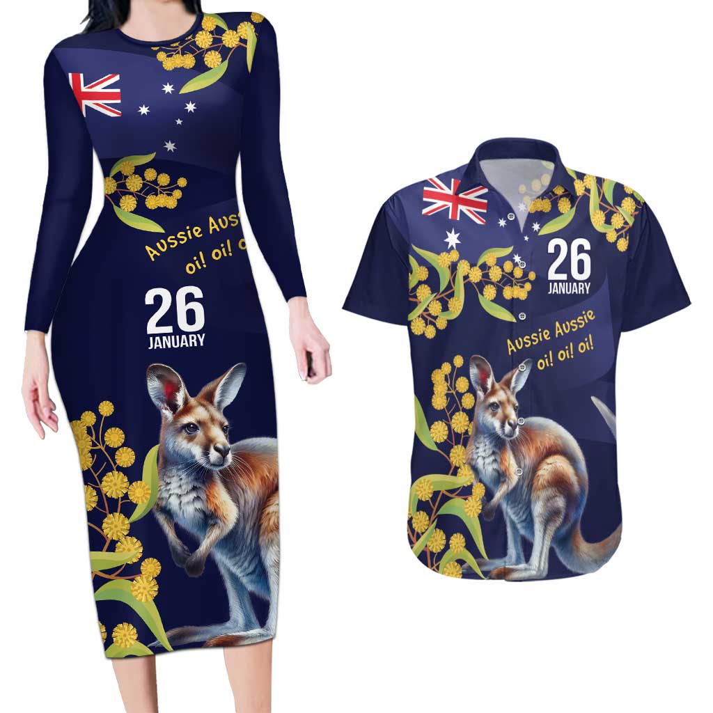 Blue Kangaroo and Golden Wattle Personalised Couples Matching Long Sleeve Bodycon Dress and Hawaiian Shirt Happy Australia Day 6 January