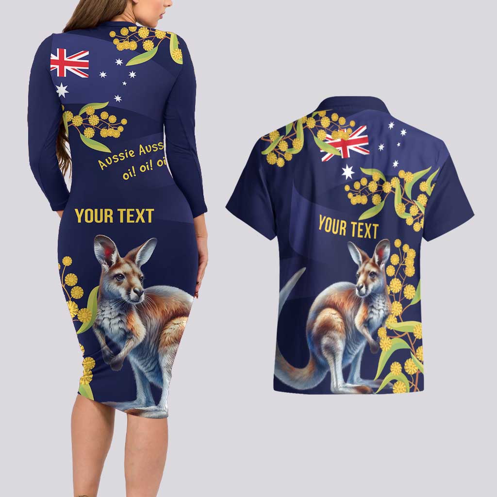 Blue Kangaroo and Golden Wattle Personalised Couples Matching Long Sleeve Bodycon Dress and Hawaiian Shirt Happy Australia Day 6 January