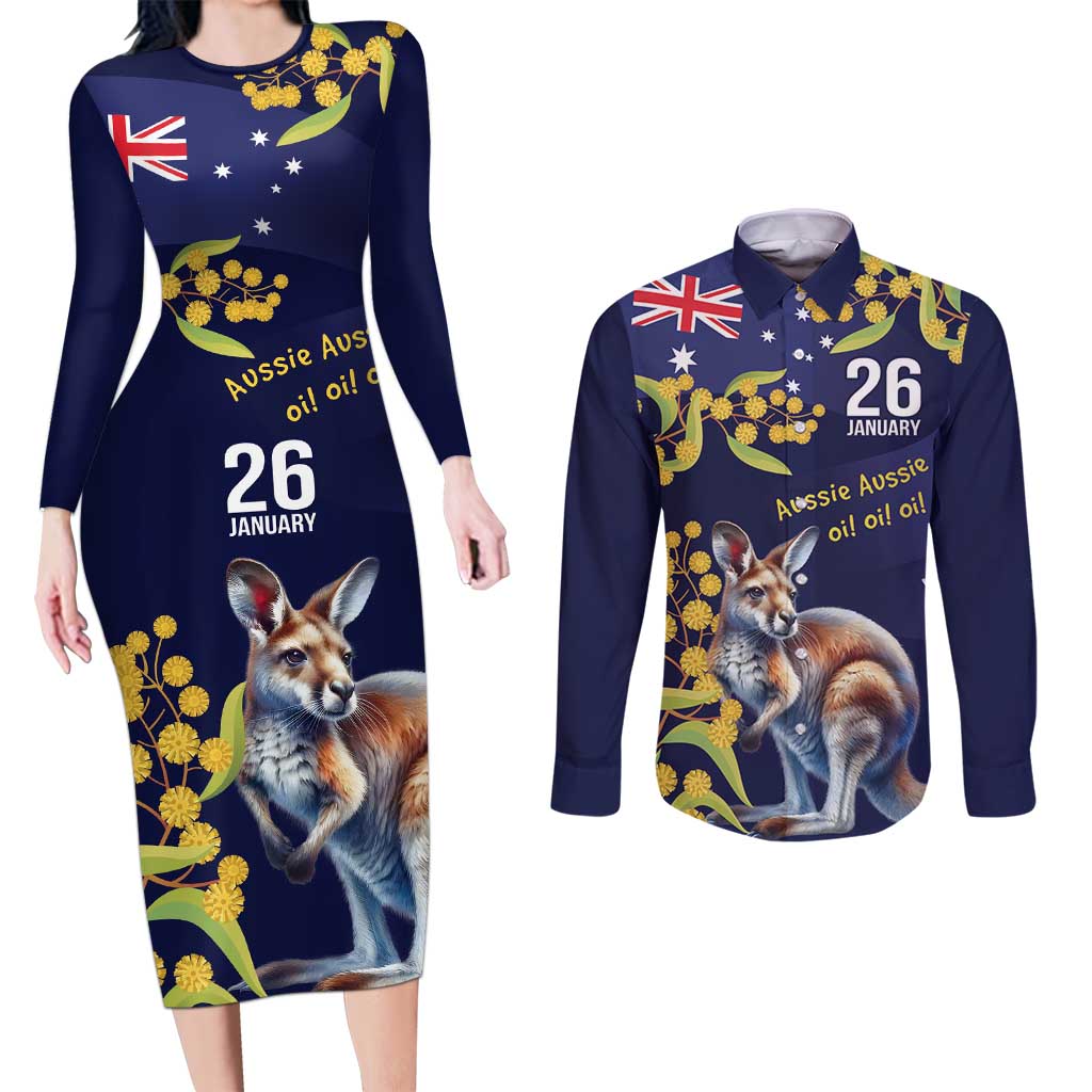 Blue Kangaroo and Golden Wattle Personalised Couples Matching Long Sleeve Bodycon Dress and Long Sleeve Button Shirt Happy Australia Day 6 January