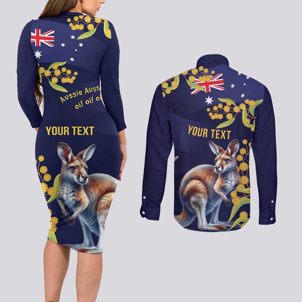 Blue Kangaroo and Golden Wattle Personalised Couples Matching Long Sleeve Bodycon Dress and Long Sleeve Button Shirt Happy Australia Day 6 January