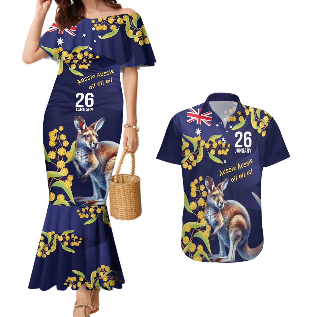 Blue Kangaroo and Golden Wattle Personalised Couples Matching Mermaid Dress and Hawaiian Shirt Happy Australia Day 6 January