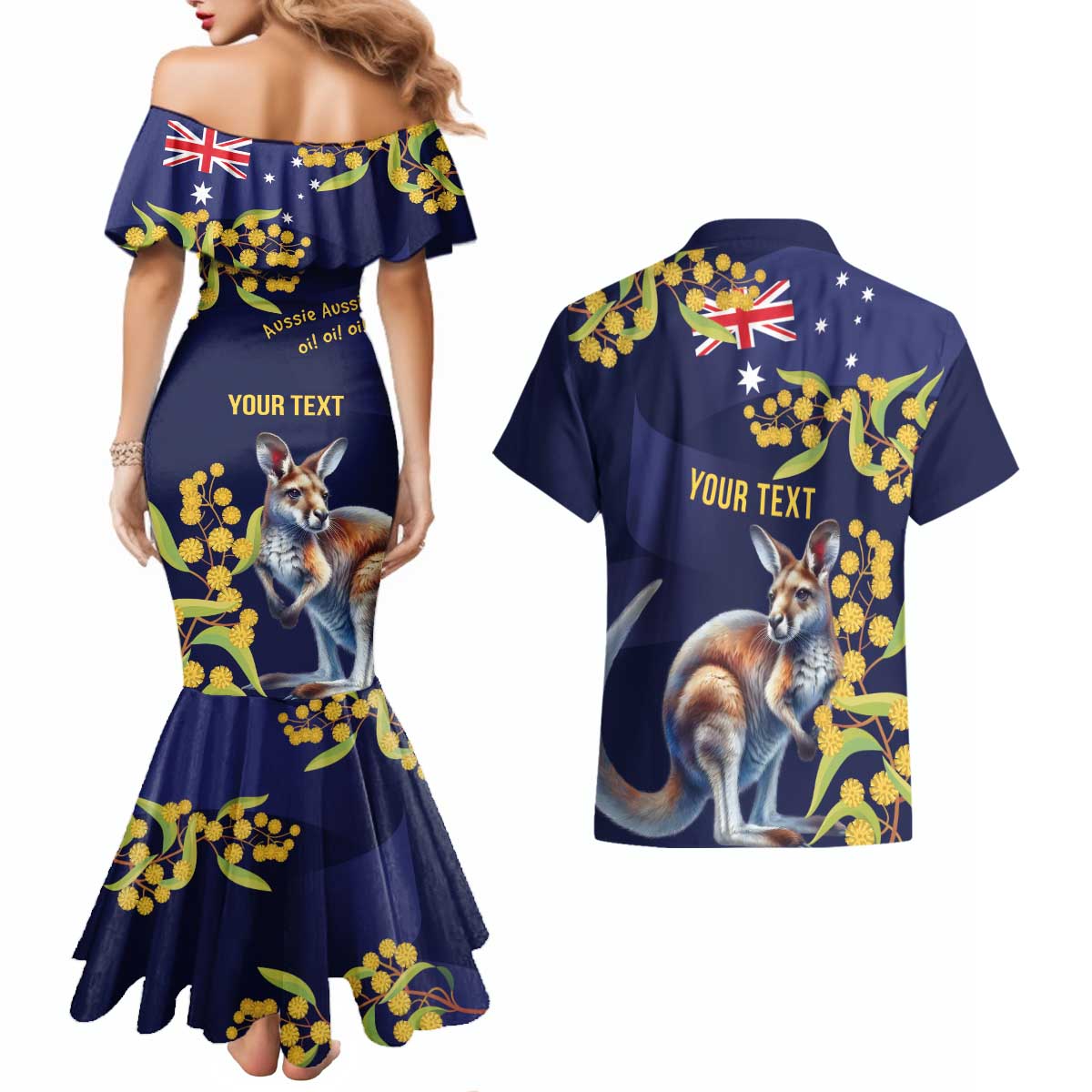 Blue Kangaroo and Golden Wattle Personalised Couples Matching Mermaid Dress and Hawaiian Shirt Happy Australia Day 6 January