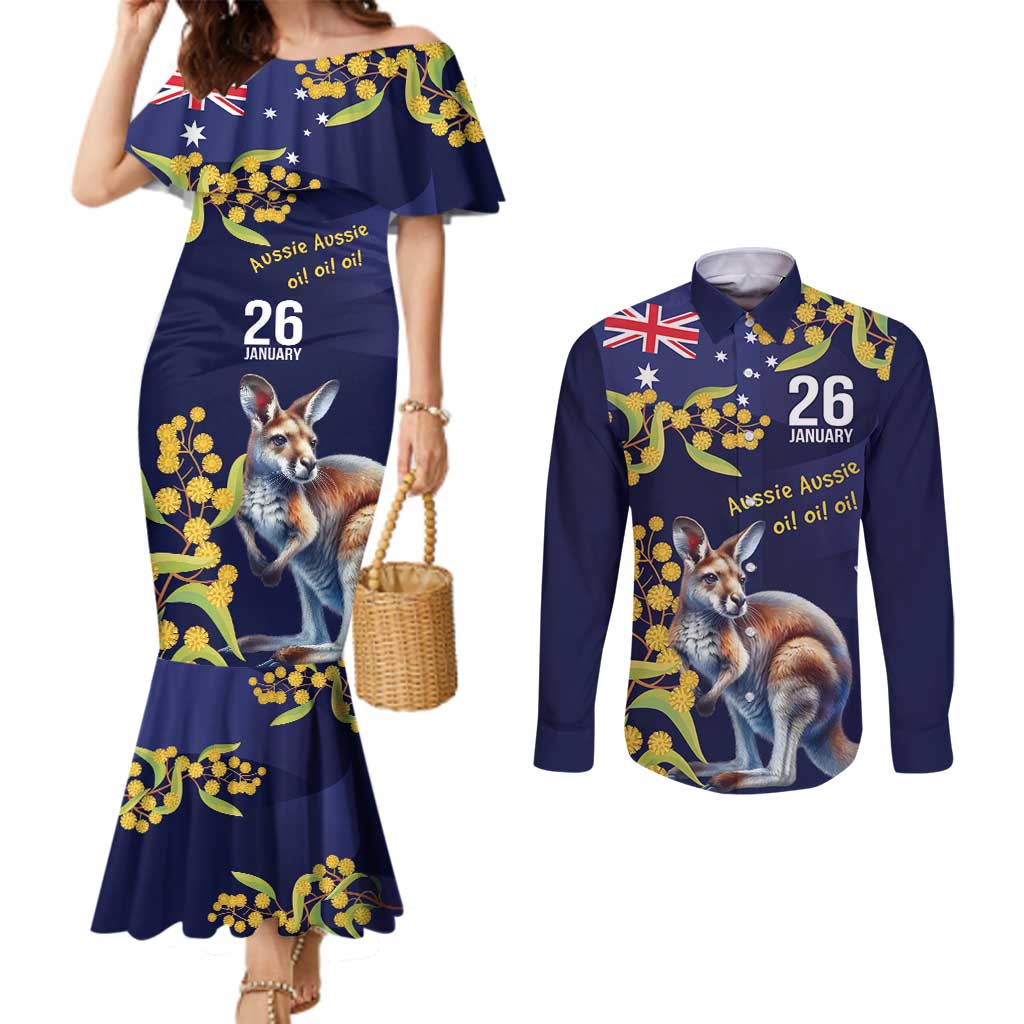 Blue Kangaroo and Golden Wattle Personalised Couples Matching Mermaid Dress and Long Sleeve Button Shirt Happy Australia Day 6 January