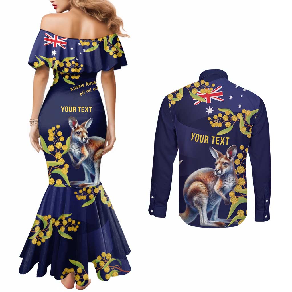 Blue Kangaroo and Golden Wattle Personalised Couples Matching Mermaid Dress and Long Sleeve Button Shirt Happy Australia Day 6 January