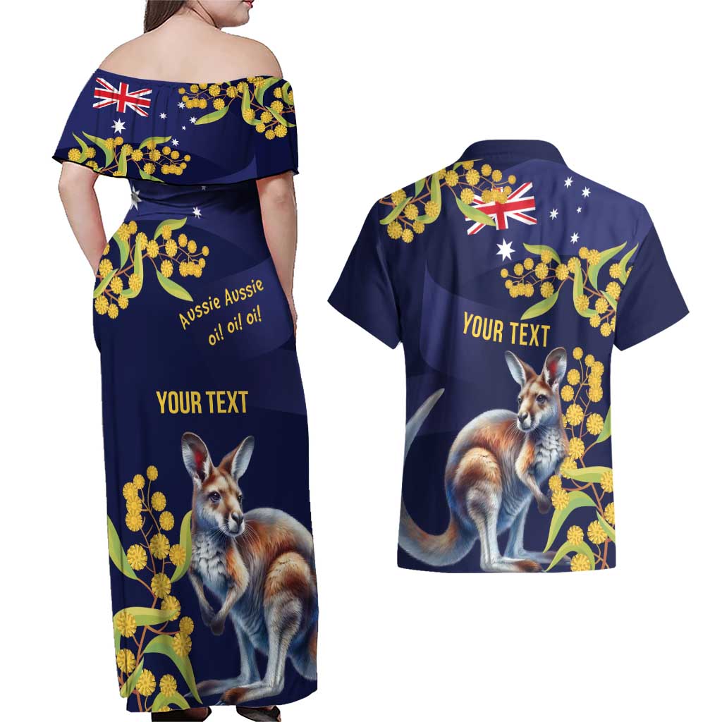 Blue Kangaroo and Golden Wattle Personalised Couples Matching Off Shoulder Maxi Dress and Hawaiian Shirt Happy Australia Day 6 January