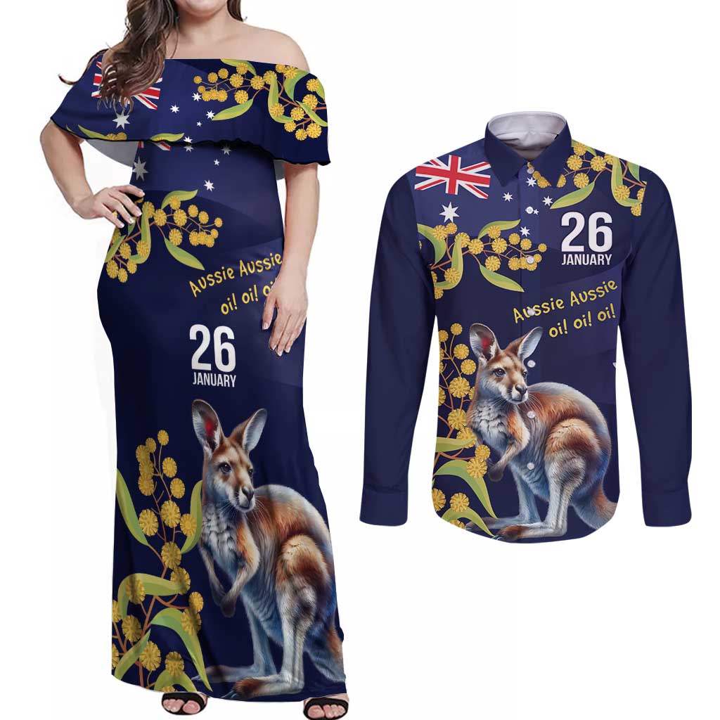 Blue Kangaroo and Golden Wattle Personalised Couples Matching Off Shoulder Maxi Dress and Long Sleeve Button Shirt Happy Australia Day 6 January