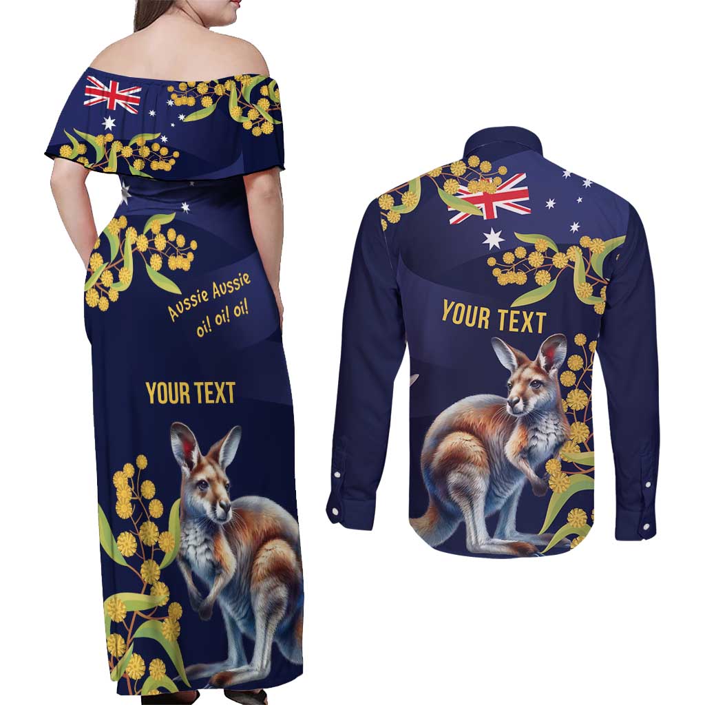 Blue Kangaroo and Golden Wattle Personalised Couples Matching Off Shoulder Maxi Dress and Long Sleeve Button Shirt Happy Australia Day 6 January