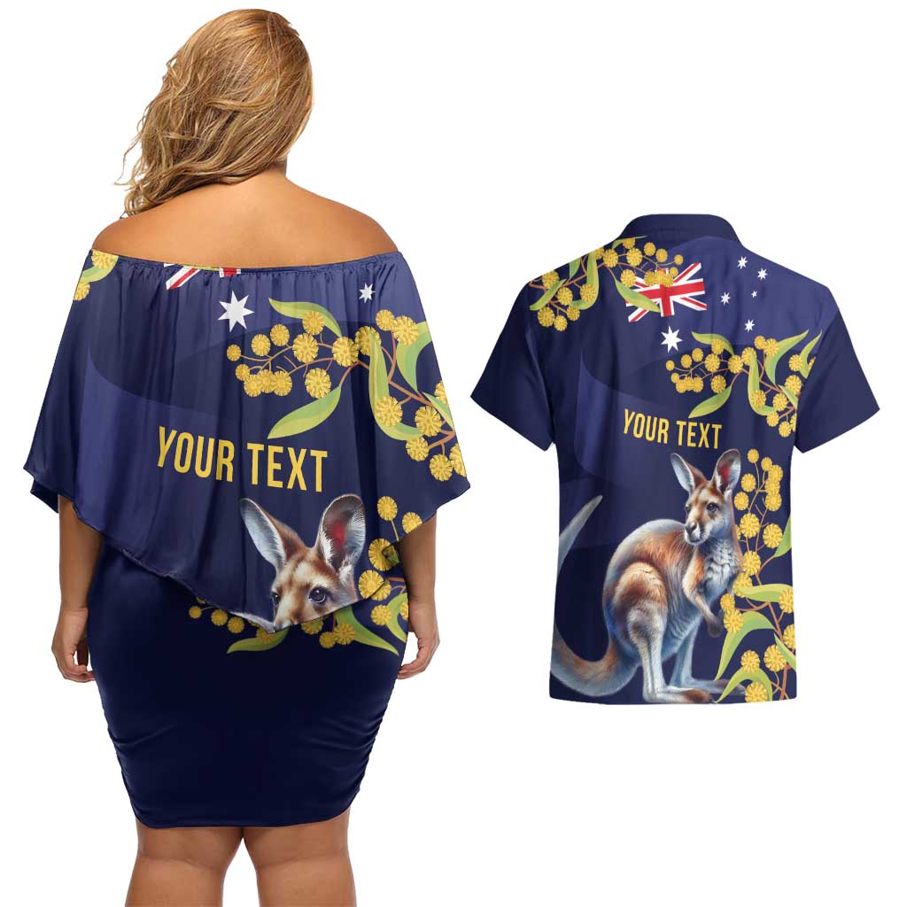 Blue Kangaroo and Golden Wattle Personalised Couples Matching Off Shoulder Short Dress and Hawaiian Shirt Happy Australia Day 6 January