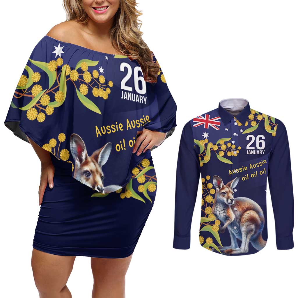 Blue Kangaroo and Golden Wattle Personalised Couples Matching Off Shoulder Short Dress and Long Sleeve Button Shirt Happy Australia Day 6 January