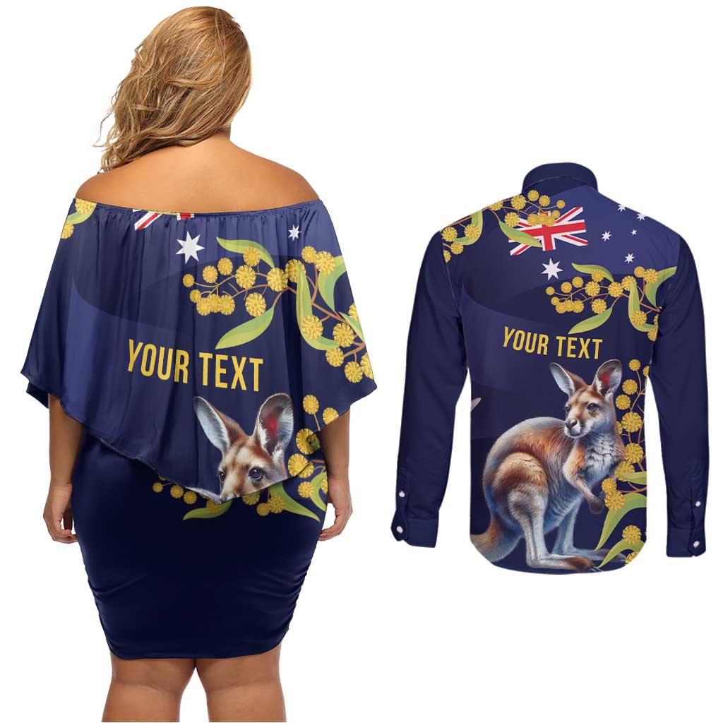 Blue Kangaroo and Golden Wattle Personalised Couples Matching Off Shoulder Short Dress and Long Sleeve Button Shirt Happy Australia Day 6 January