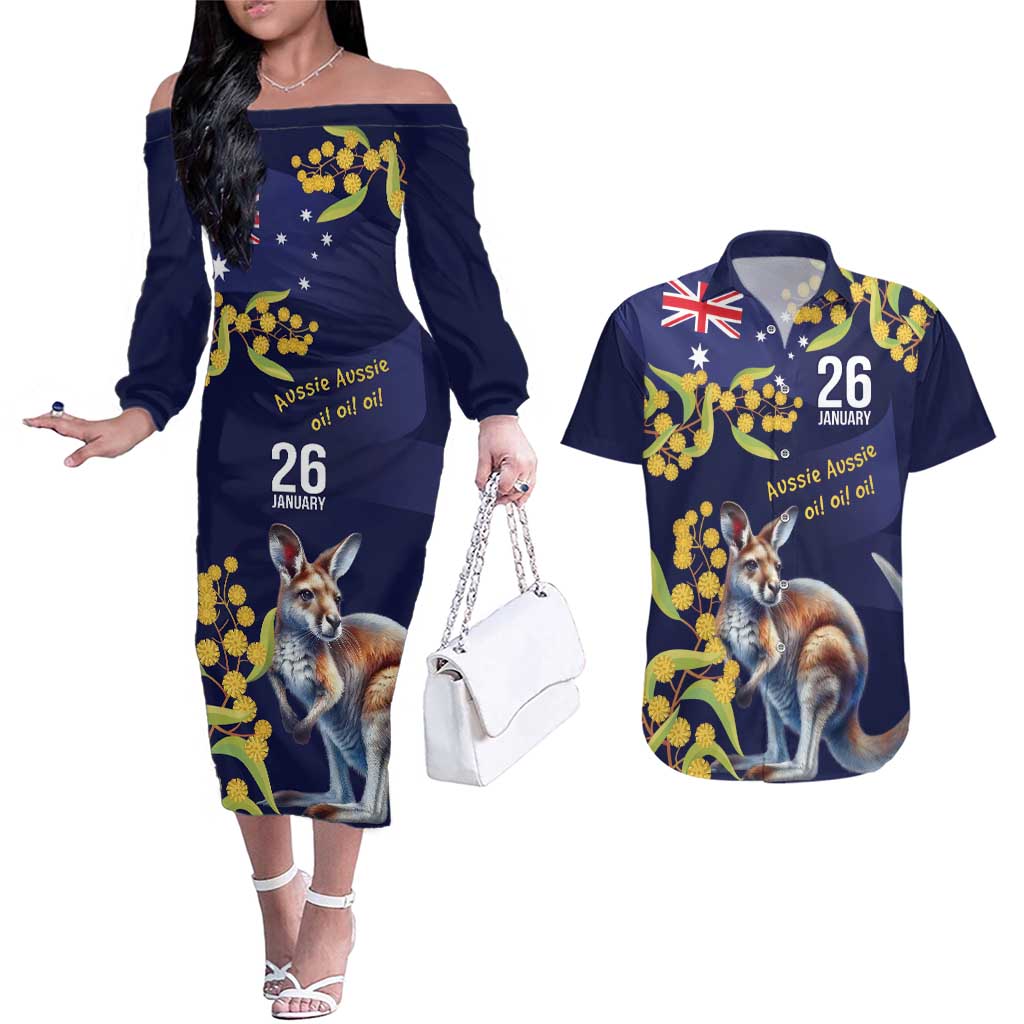 Blue Kangaroo and Golden Wattle Personalised Couples Matching Off The Shoulder Long Sleeve Dress and Hawaiian Shirt Happy Australia Day 6 January