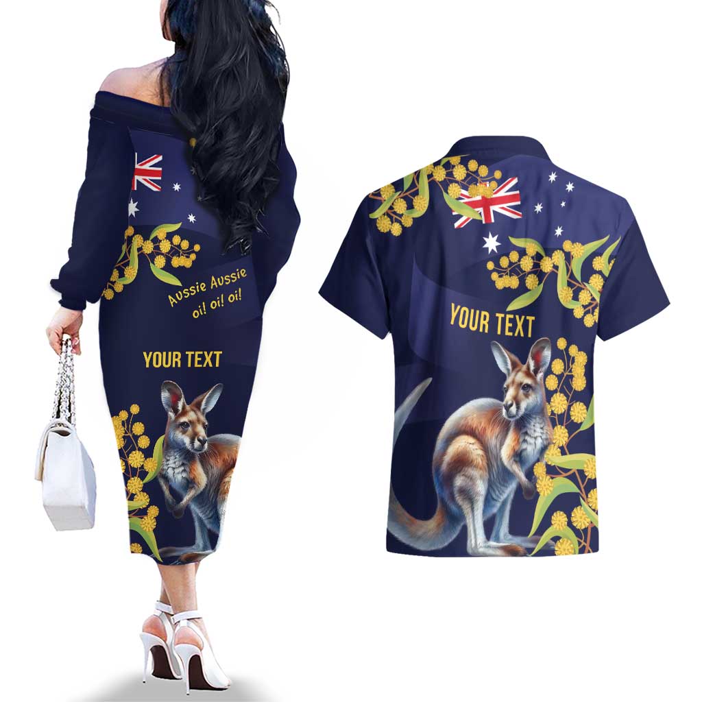 Blue Kangaroo and Golden Wattle Personalised Couples Matching Off The Shoulder Long Sleeve Dress and Hawaiian Shirt Happy Australia Day 6 January