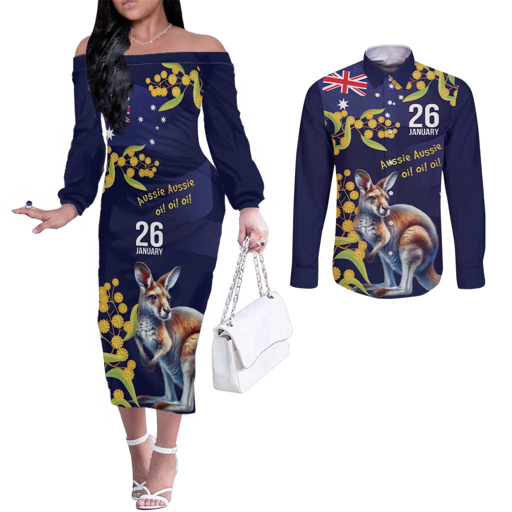 Blue Kangaroo and Golden Wattle Personalised Couples Matching Off The Shoulder Long Sleeve Dress and Long Sleeve Button Shirt Happy Australia Day 6 January