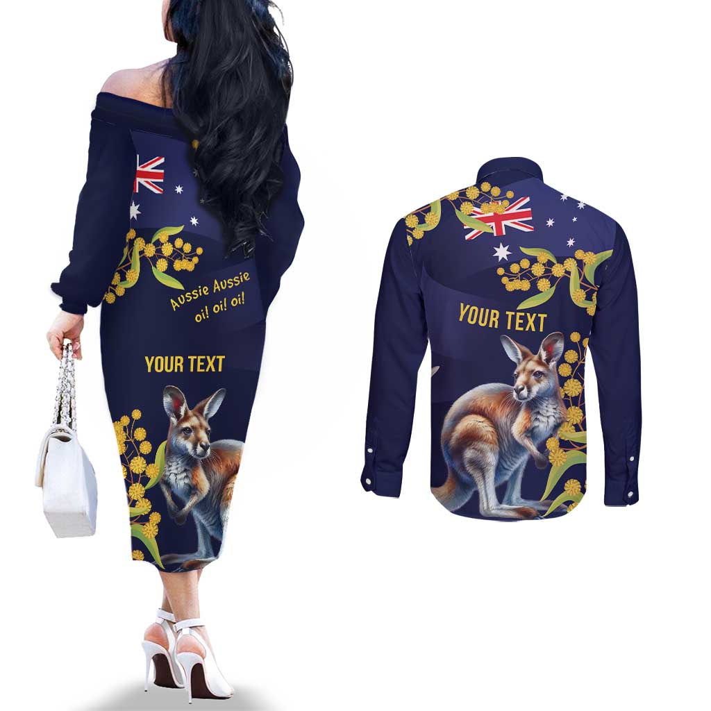 Blue Kangaroo and Golden Wattle Personalised Couples Matching Off The Shoulder Long Sleeve Dress and Long Sleeve Button Shirt Happy Australia Day 6 January