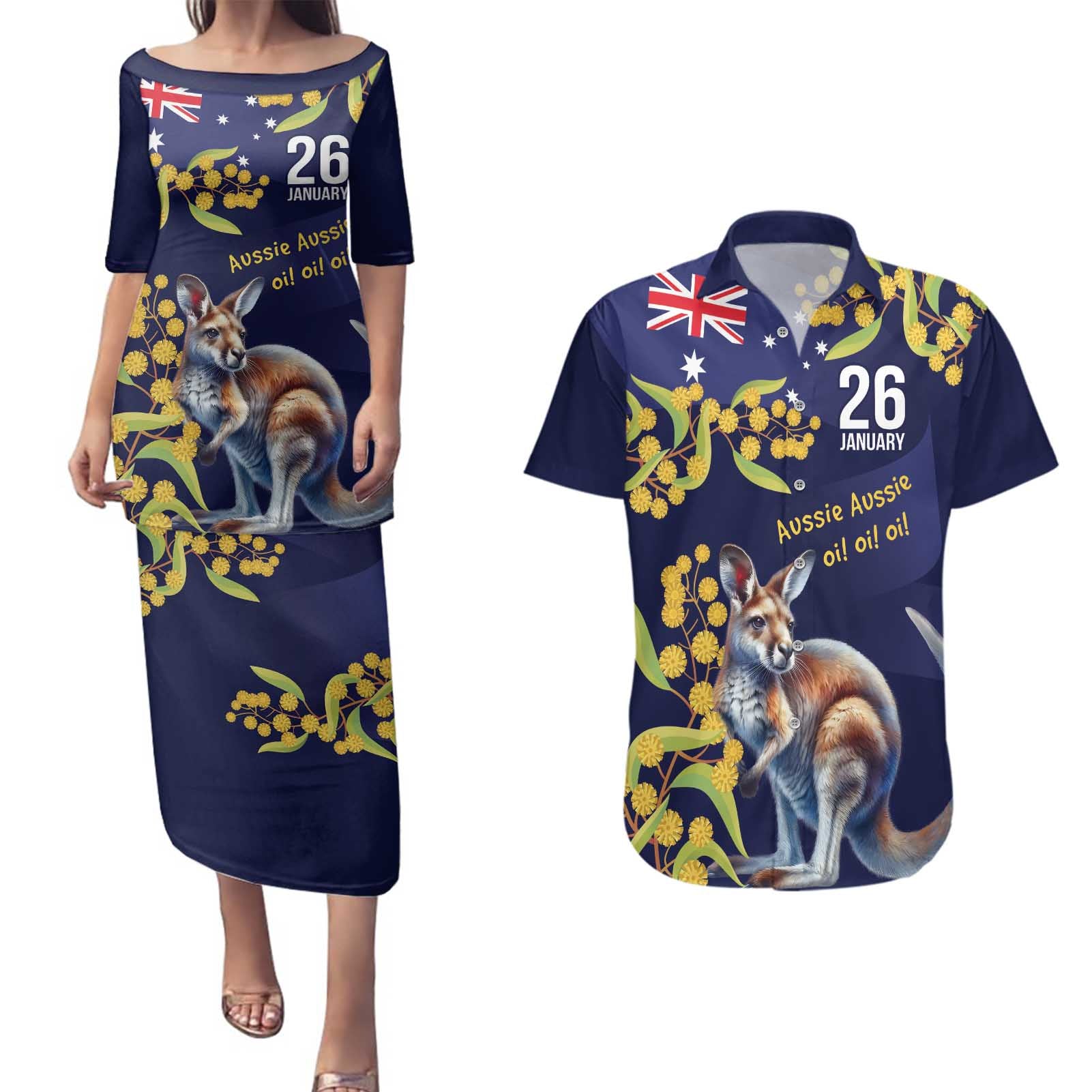 Blue Kangaroo and Golden Wattle Personalised Couples Matching Puletasi and Hawaiian Shirt Happy Australia Day 6 January