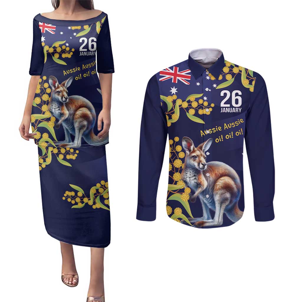 Blue Kangaroo and Golden Wattle Personalised Couples Matching Puletasi and Long Sleeve Button Shirt Happy Australia Day 6 January