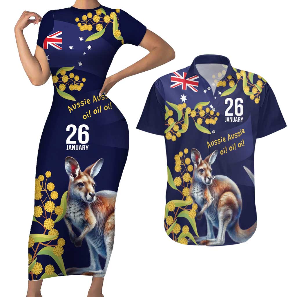 Blue Kangaroo and Golden Wattle Personalised Couples Matching Short Sleeve Bodycon Dress and Hawaiian Shirt Happy Australia Day 6 January