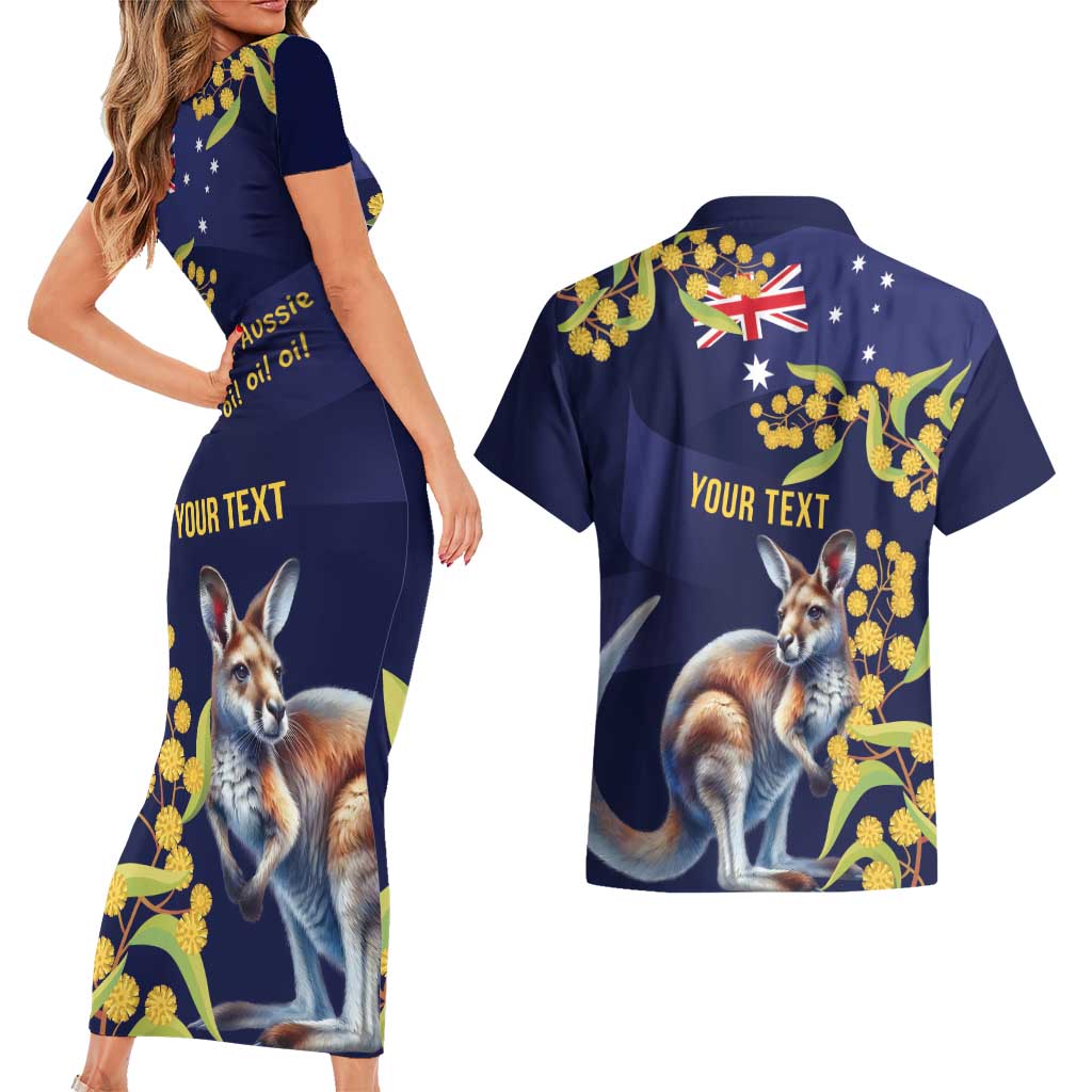 Blue Kangaroo and Golden Wattle Personalised Couples Matching Short Sleeve Bodycon Dress and Hawaiian Shirt Happy Australia Day 6 January