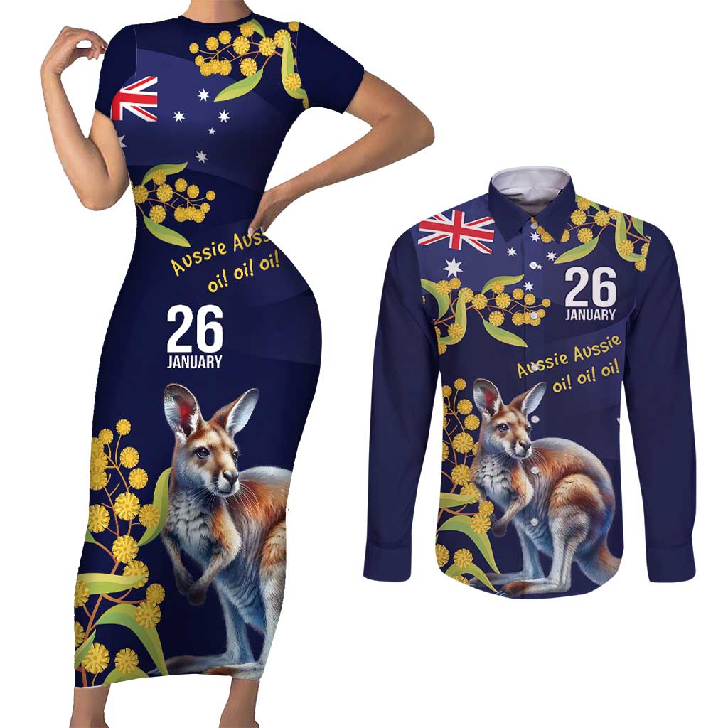 Blue Kangaroo and Golden Wattle Personalised Couples Matching Short Sleeve Bodycon Dress and Long Sleeve Button Shirt Happy Australia Day 6 January