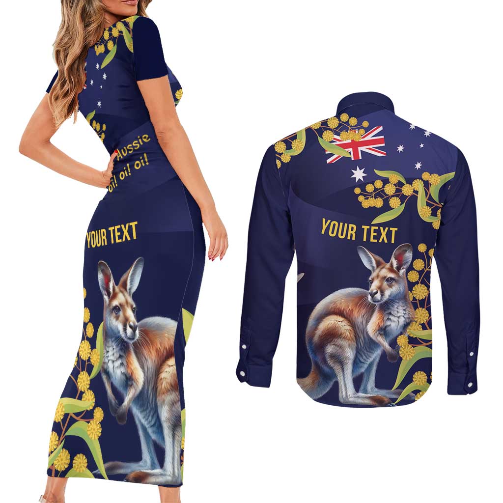 Blue Kangaroo and Golden Wattle Personalised Couples Matching Short Sleeve Bodycon Dress and Long Sleeve Button Shirt Happy Australia Day 6 January