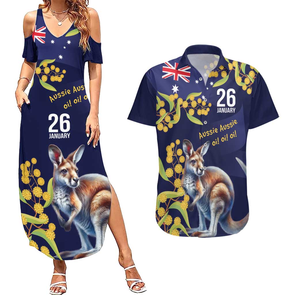 Blue Kangaroo and Golden Wattle Personalised Couples Matching Summer Maxi Dress and Hawaiian Shirt Happy Australia Day 6 January