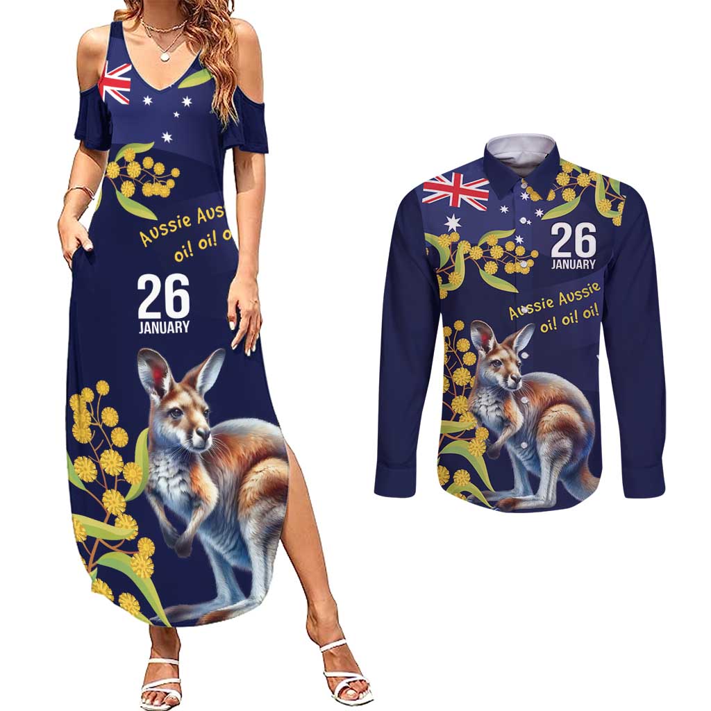 Blue Kangaroo and Golden Wattle Personalised Couples Matching Summer Maxi Dress and Long Sleeve Button Shirt Happy Australia Day 6 January