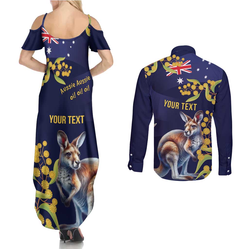 Blue Kangaroo and Golden Wattle Personalised Couples Matching Summer Maxi Dress and Long Sleeve Button Shirt Happy Australia Day 6 January