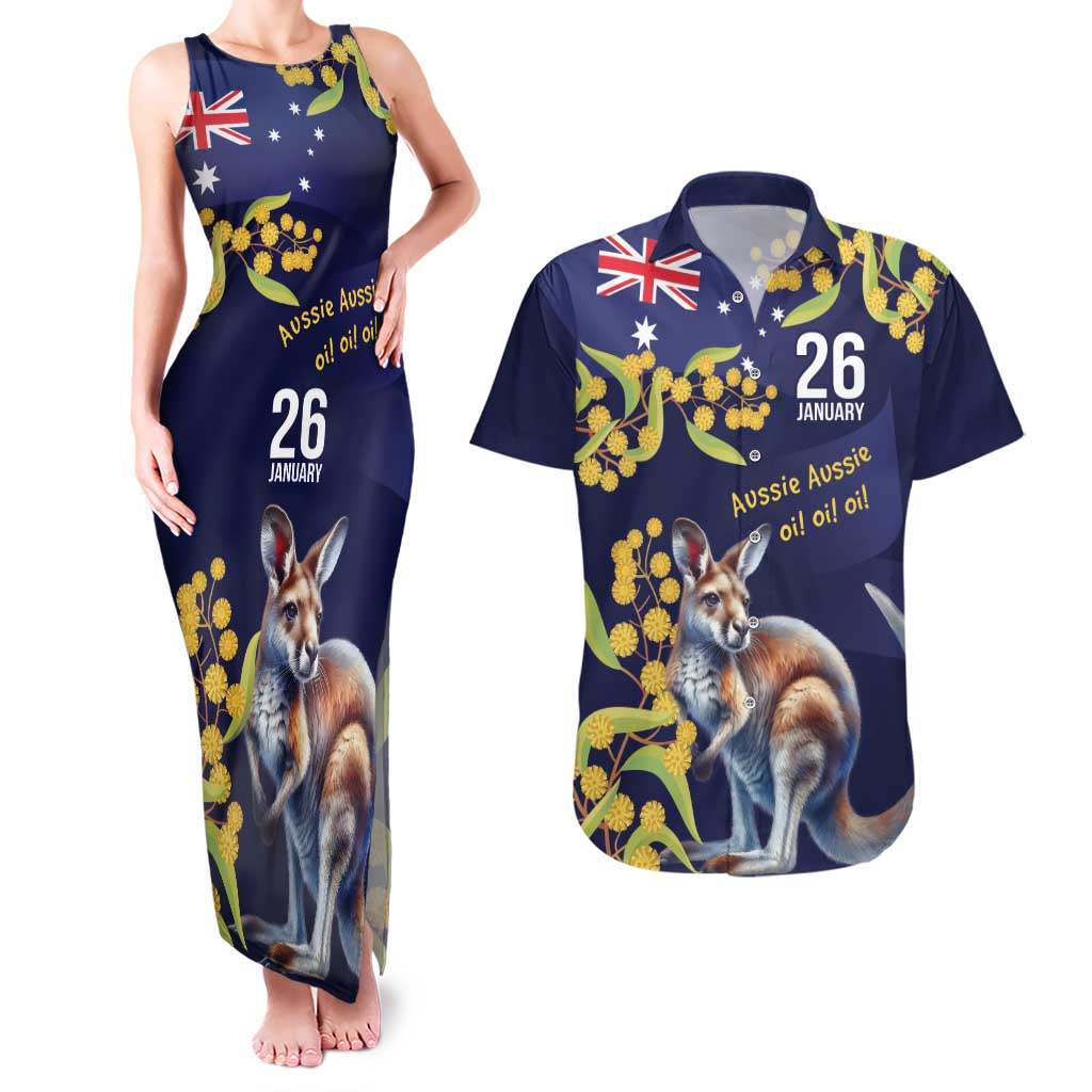 Blue Kangaroo and Golden Wattle Personalised Couples Matching Tank Maxi Dress and Hawaiian Shirt Happy Australia Day 6 January