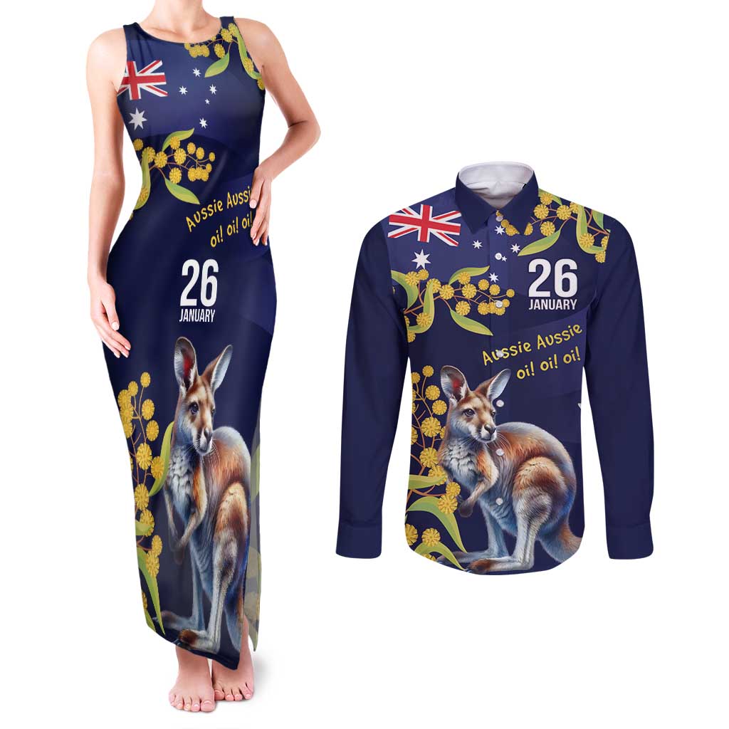 Blue Kangaroo and Golden Wattle Personalised Couples Matching Tank Maxi Dress and Long Sleeve Button Shirt Happy Australia Day 6 January