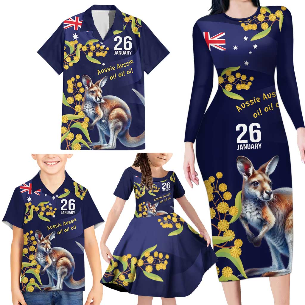 Blue Kangaroo and Golden Wattle Personalised Family Matching Long Sleeve Bodycon Dress and Hawaiian Shirt Happy Australia Day 6 January