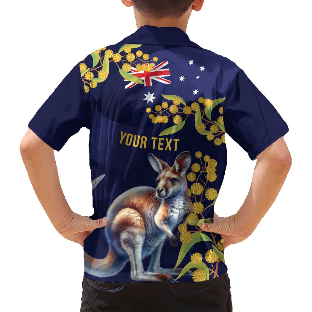 Blue Kangaroo and Golden Wattle Personalised Family Matching Long Sleeve Bodycon Dress and Hawaiian Shirt Happy Australia Day 6 January