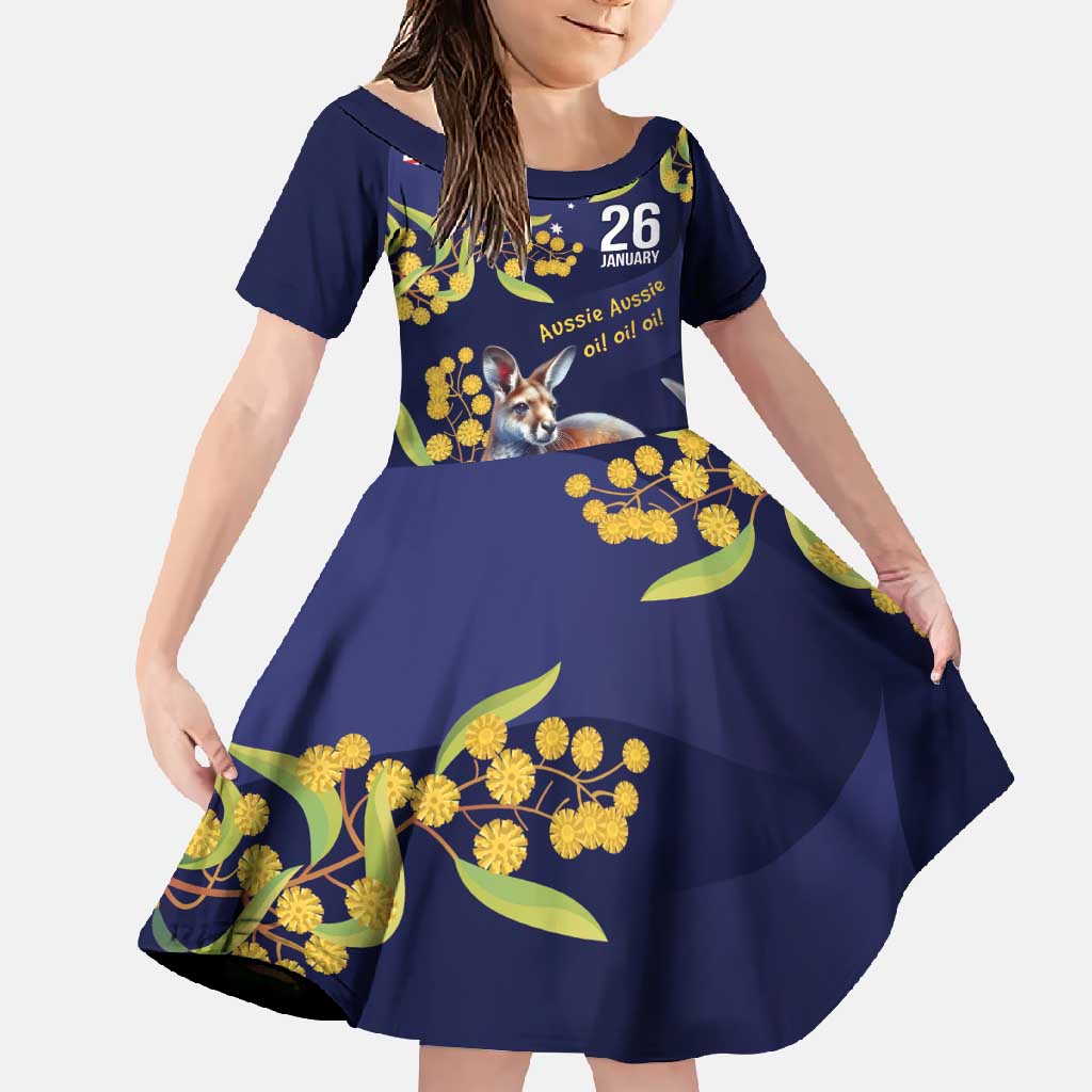 Blue Kangaroo and Golden Wattle Personalised Family Matching Long Sleeve Bodycon Dress and Hawaiian Shirt Happy Australia Day 6 January