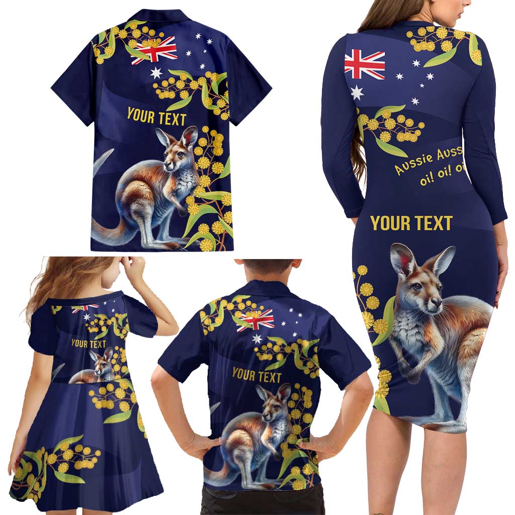 Blue Kangaroo and Golden Wattle Personalised Family Matching Long Sleeve Bodycon Dress and Hawaiian Shirt Happy Australia Day 6 January