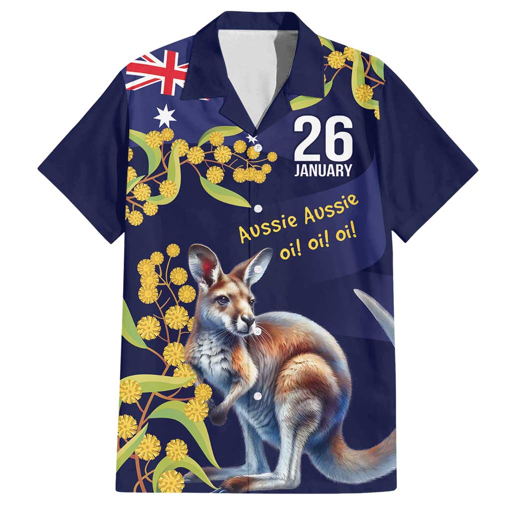 Blue Kangaroo and Golden Wattle Personalised Family Matching Long Sleeve Bodycon Dress and Hawaiian Shirt Happy Australia Day 6 January