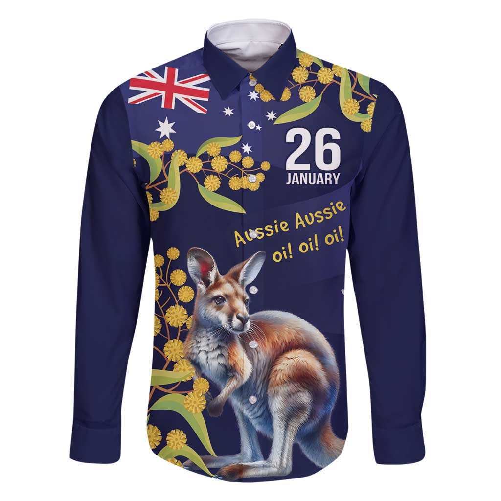 Blue Kangaroo and Golden Wattle Personalised Family Matching Long Sleeve Bodycon Dress and Hawaiian Shirt Happy Australia Day 6 January