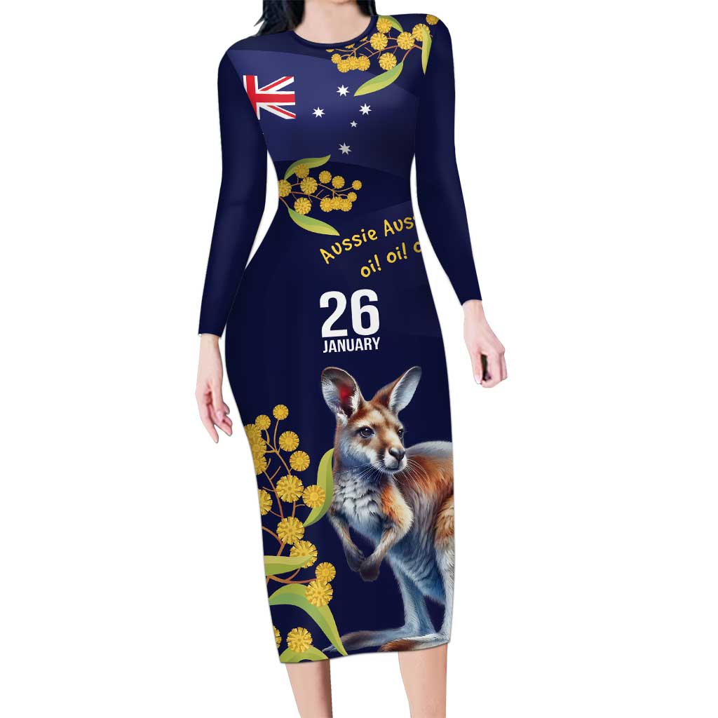 Blue Kangaroo and Golden Wattle Personalised Family Matching Long Sleeve Bodycon Dress and Hawaiian Shirt Happy Australia Day 6 January