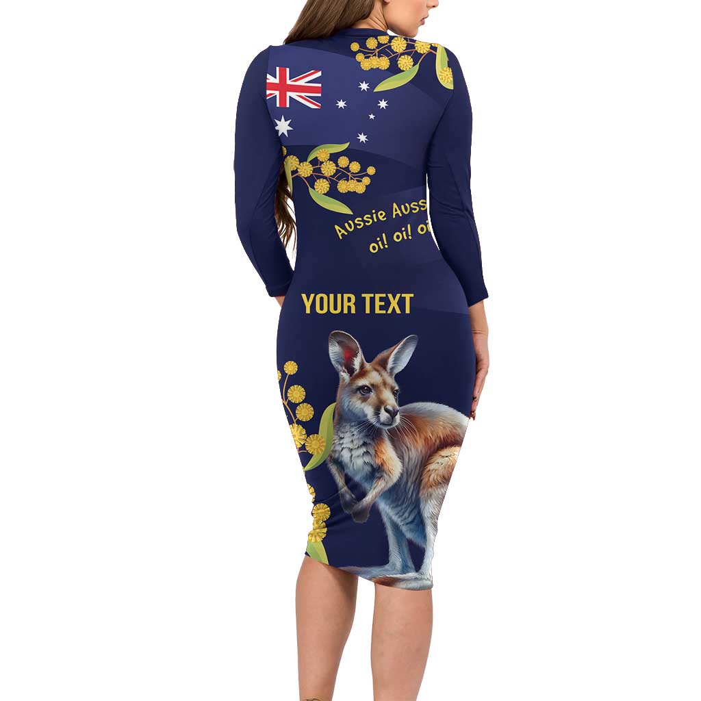 Blue Kangaroo and Golden Wattle Personalised Family Matching Long Sleeve Bodycon Dress and Hawaiian Shirt Happy Australia Day 6 January