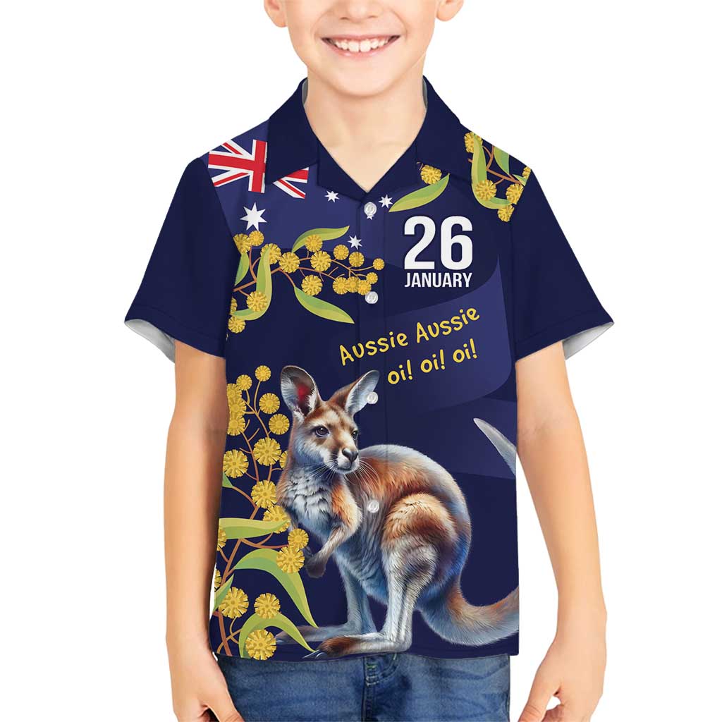 Blue Kangaroo and Golden Wattle Personalised Family Matching Long Sleeve Bodycon Dress and Hawaiian Shirt Happy Australia Day 6 January