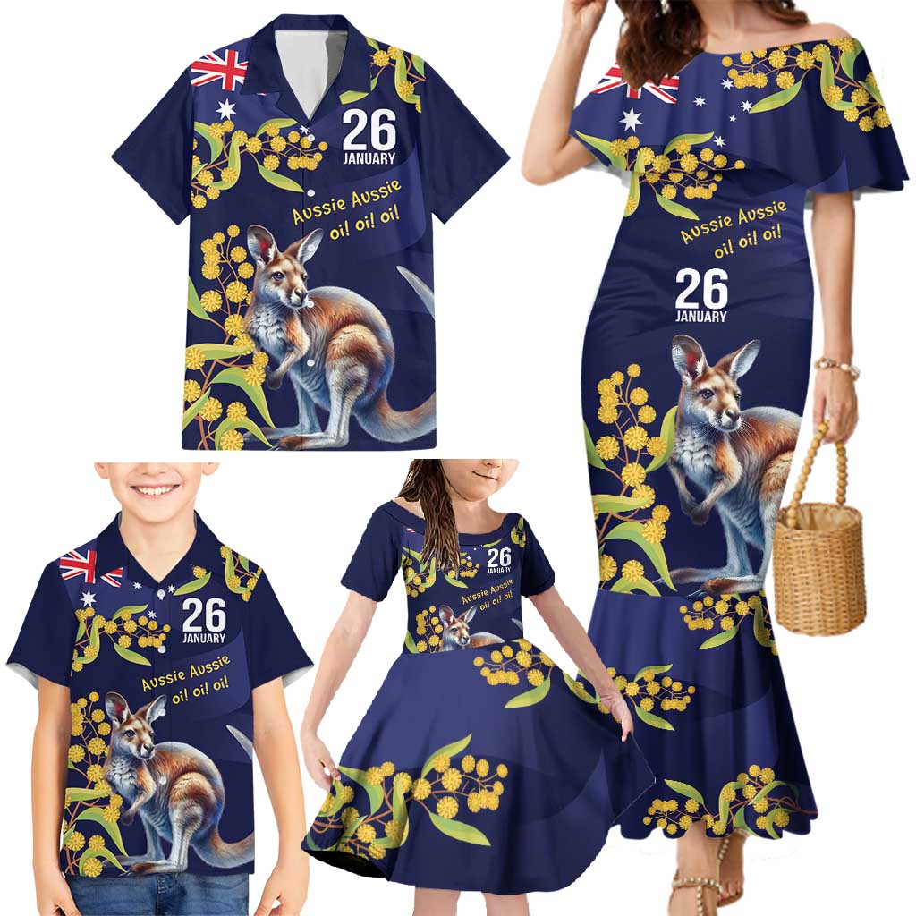 Blue Kangaroo and Golden Wattle Personalised Family Matching Mermaid Dress and Hawaiian Shirt Happy Australia Day 6 January