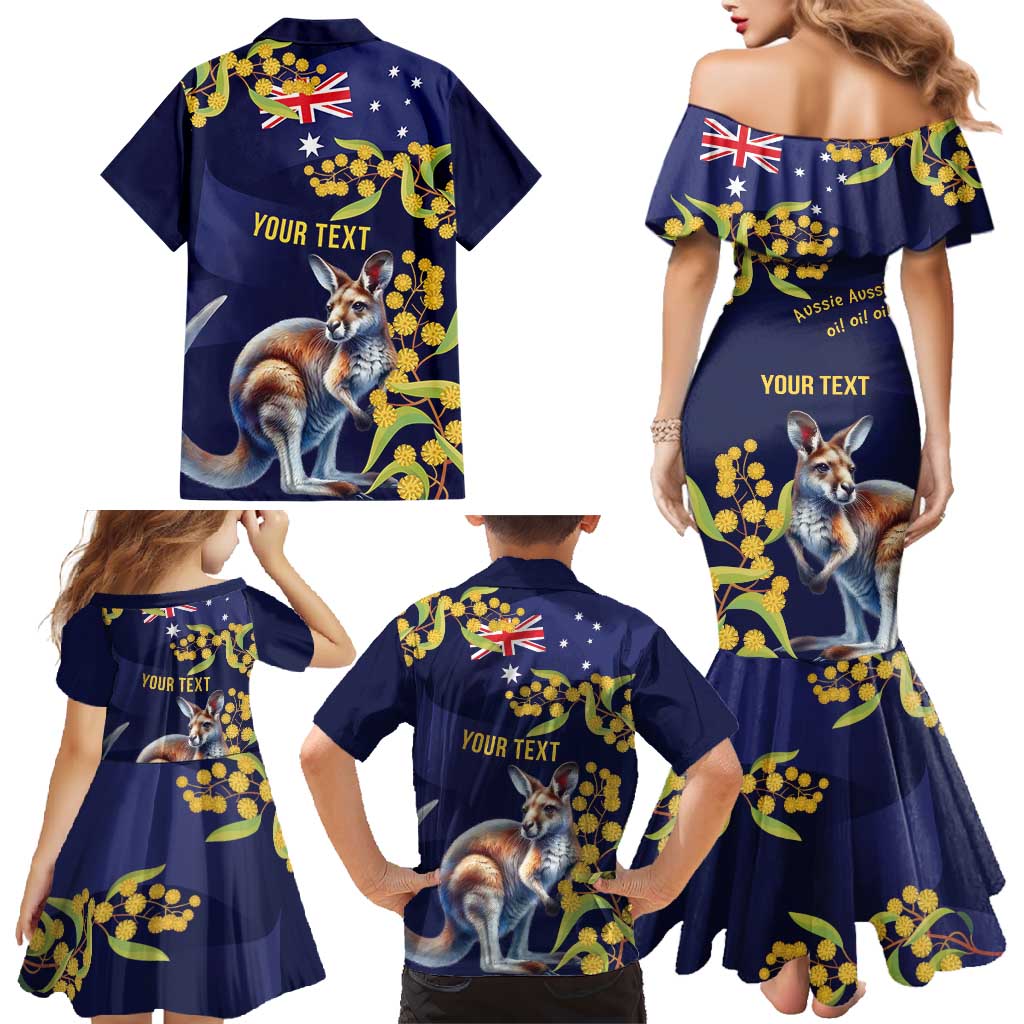 Blue Kangaroo and Golden Wattle Personalised Family Matching Mermaid Dress and Hawaiian Shirt Happy Australia Day 6 January