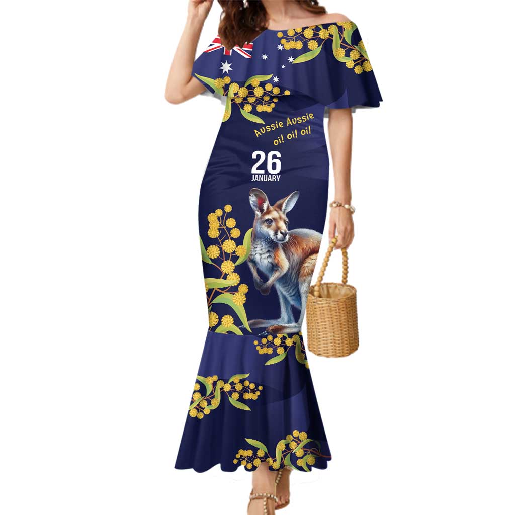 Blue Kangaroo and Golden Wattle Personalised Family Matching Mermaid Dress and Hawaiian Shirt Happy Australia Day 6 January